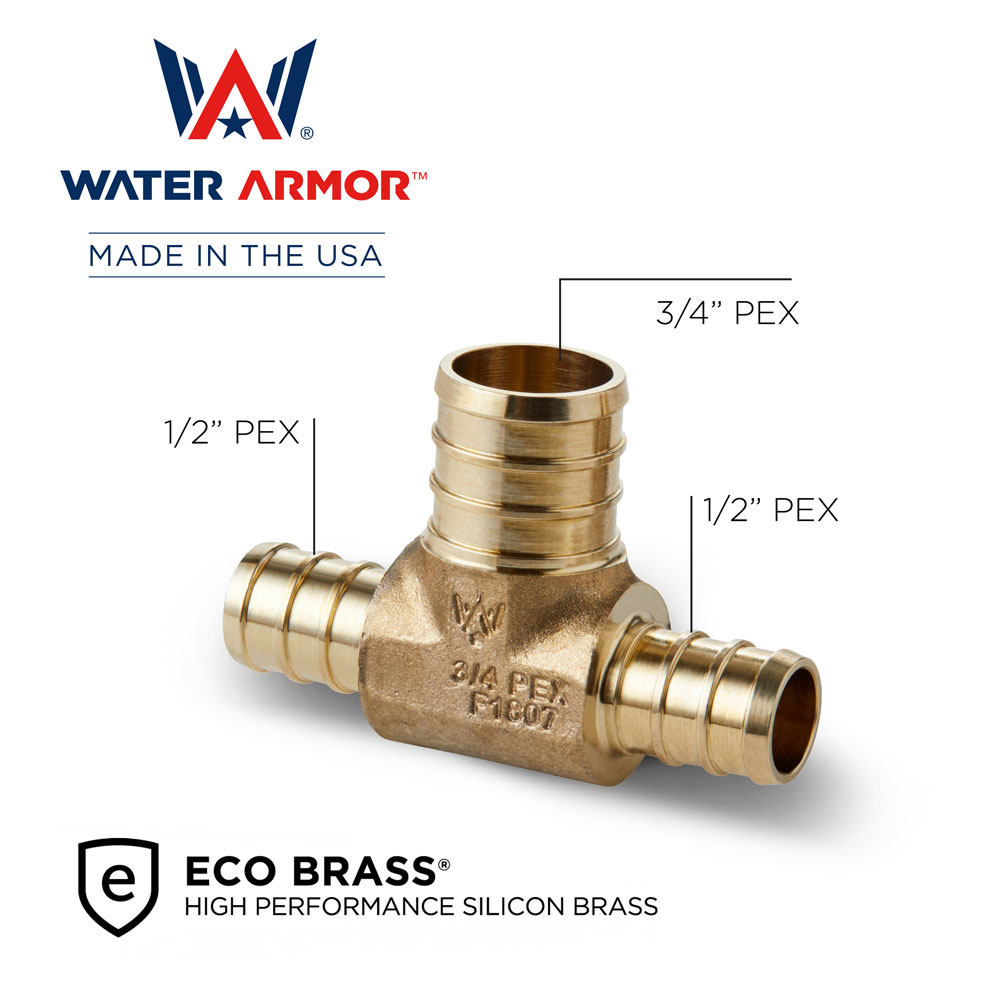 1/2" x 3/4" Brass PEX Tee Eco Brass